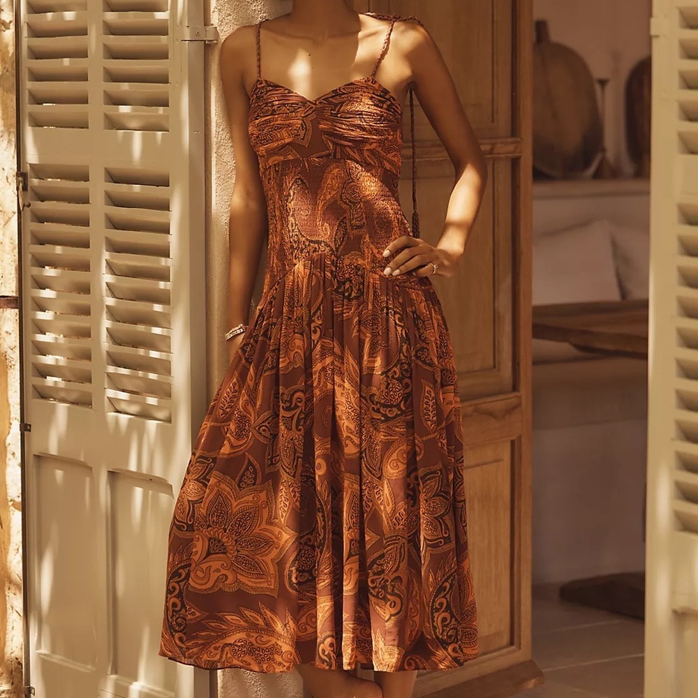 Farm Rio x Anthropologie Drop-Waist Printed Midi Dress Size Small
